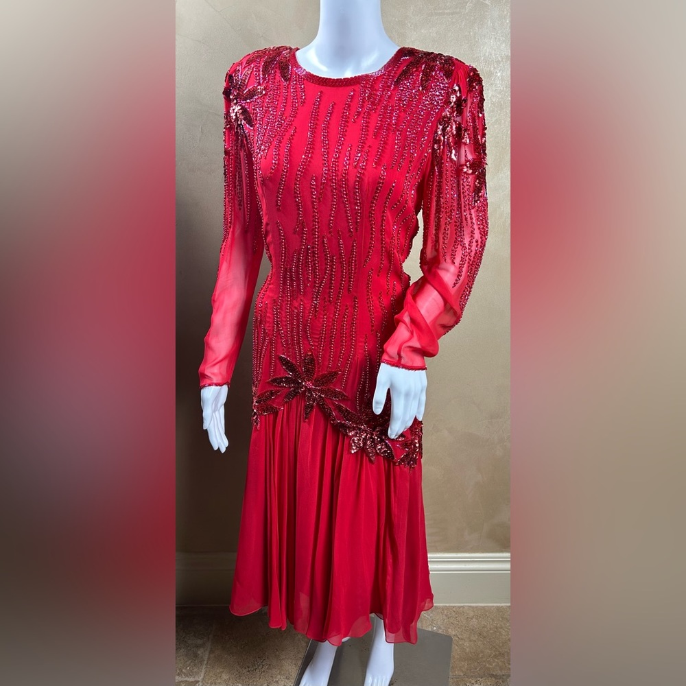 Vintage Sho Max Silk RED Floral Beaded Sequin Evening Dress Sz Small